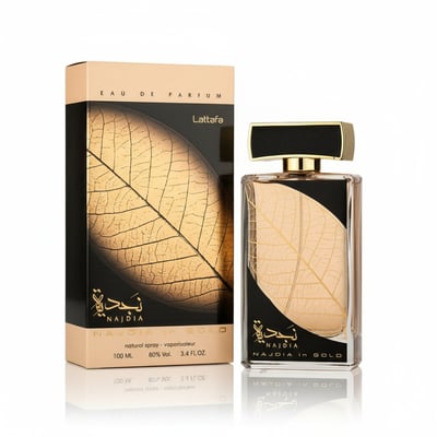 Lattafa Najdia in Gold by Lattafa 100ml Unisex — Box and bottle with gold leaf design, gold cap, white background