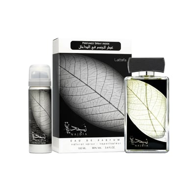 Lattafa Najdia – Eau de Parfum natural spray 100ml, presented with a matching deodorant spray, featuring a prominent leaf skeleton design on both.