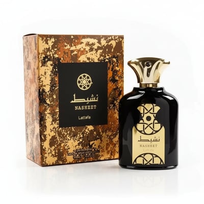 Lattafa Nasheet by Lattafa Perfume 100ml EDP Unisex — Black perfume bottle with gold accents and ornate cap, next to a matching patterned box with gold and brown textures.