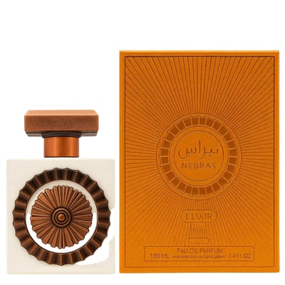 Lattafa Pride Nebras Elixir by Lattafa for Her – 100 ml Eau de Parfum bottle and box, featuring a white bottle with a bronze floral emblem and a textured orange box with a sunburst design and Arabic script.