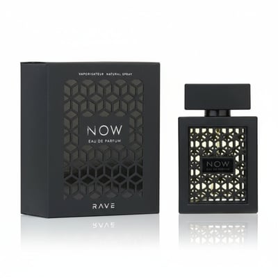 Rave Now by Rave Perfume Lattafa 100ml For Man — Black perfume box and bottle with geometric pattern, white text.
