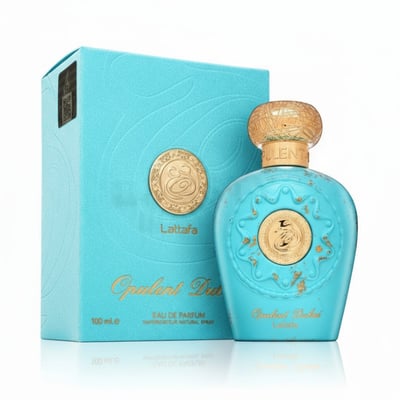 Lattafa Opulent Dubai — Turquoise perfume bottle and box with gold accents, featuring intricate embossed patterns and a golden cap.