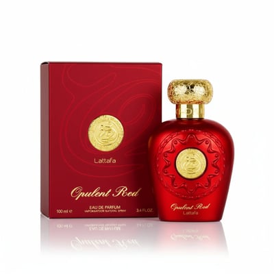 Lattafa Opulent Red by Lattafa 100ml Unisex — Red perfume bottle with gold cap and intricate detailing, next to its matching red box with gold emblem, on a white background.