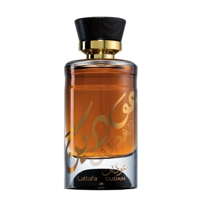 Lattafa Oudain by Lattafa Perfumes 100ml EDP for Men — Amber liquid in a clear glass bottle with gold Arabic calligraphy and text 'Lattafa OUDain' at the base, topped with a black wooden cap and gold collar.