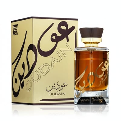Lattafa Oudain by Lattafa Perfumes 100ml EDP for Men — Gold box with Arabic calligraphy and 'OUDAIN' text, alongside a glass perfume bottle with amber liquid and a dark brown cap.