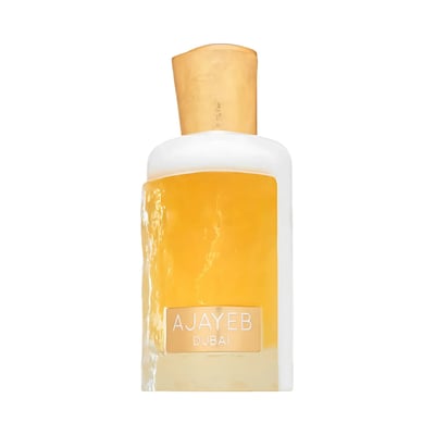 Lattafa Ajayeb Dubai Portrait by Lattafa EDP 100ml — A clear glass perfume bottle with a textured, golden-yellow liquid and a white cap. The bottle has a gold label with 'AJAYEB DUBAI' printed on it.