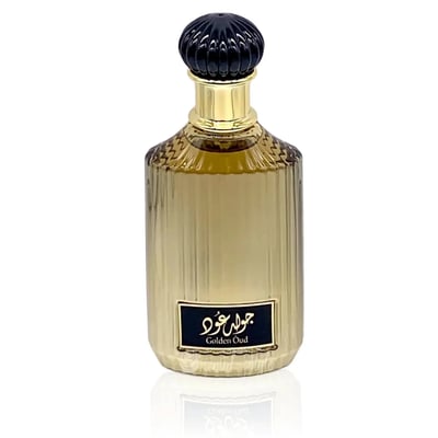 Lattafa Golden Oud — Tall ribbed glass bottle with golden liquid, black fluted cap, and black label with gold text.