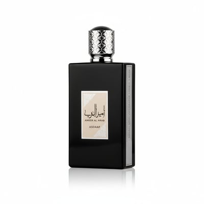 Lattafa Ameer Al Arab by Asdaaf — Black rectangular bottle with a textured silver cap, featuring a cream label with Arabic