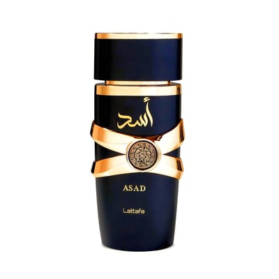 Lattafa Asad — Dark blue box with gold lion emblem and Arabic script. Text details on the left side.