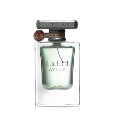 Lattafa Atlas EDP — Clear glass perfume bottle with green liquid, silver cap, and tree emblem on white background