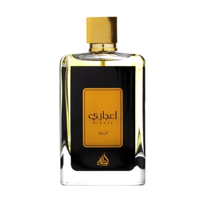Lattafa Ejaazi — Clear glass perfume bottle with gold cap and black label featuring gold Arabic text and "E J A A Z I" in