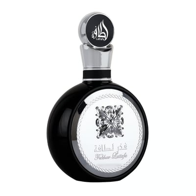 Lattafa Fakhar Silver by Lattafa 100ml EDP Men — Black round bottle with silver emblem and Arabic script on cap