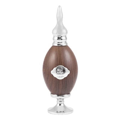 Lattafa Pride Hala by Lattafa – 100 ml Eau de Parfum for Men, oval wooden bottle with silver cap and base, silver emblem with Arabic script and 'HALA' text