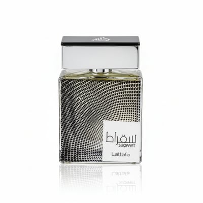 Lattafa Suqraat by Lattafa 100ml EDP Men — Square glass perfume bottle with a black and white patterned design and a silver cap, isolated on a white background.