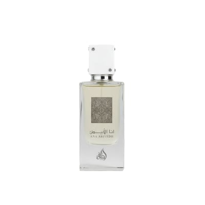 Lattafa Ana Abiyedh — Rectangular clear glass perfume bottle with white cap, light yellow liquid, and ornate silver label.