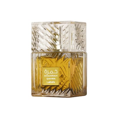 Lattafa Khamrah Qahwa by Lattafa 100ml EDP Unisex — Square glass perfume bottle with gold liquid, featuring a textured clear glass cap and a gold label with Arabic and English text.