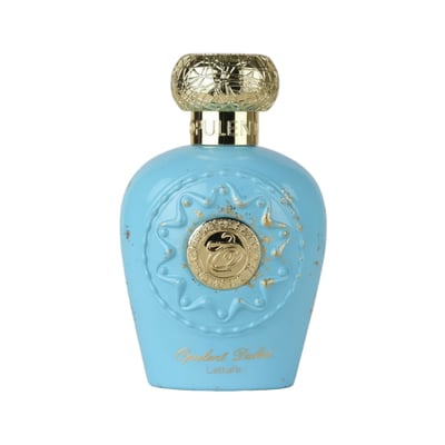 Lattafa Opulent Dubai — A light blue perfume bottle with a gold ornate cap and gold speckled detailing on the bottle. The bottle has a circular emblem in the center.