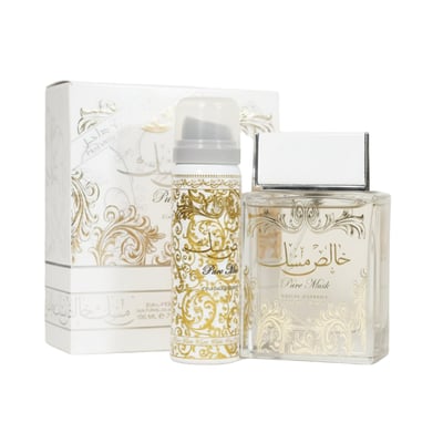 Lattafa Pure Musk by Lattafa (Khalis Musk) 100ml EDP — A gift set featuring a clear glass perfume bottle with gold Arabic script and ornate gold patterns, a matching smaller spray bottle, and a white gift box with gold accents, all on a white background.