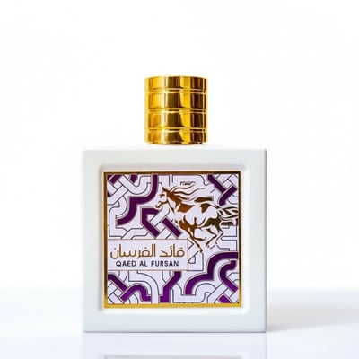 Lattafa Qaed Al Fursan Unlimited by Lattafa 90ml EDP — White square perfume bottle with a gold ridged cap and a decorative label featuring a gold horse silhouette against a geometric purple and white pattern.
