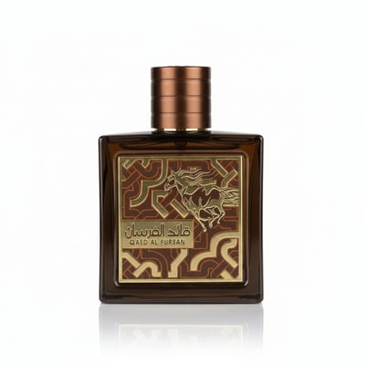 Lattafa Qaed Al Fursan Untamed Lattafa 90ml EDP — A square brown glass perfume bottle with a metallic gold label featuring a horse illustration and Arabic text, topped with a ribbed copper cap.