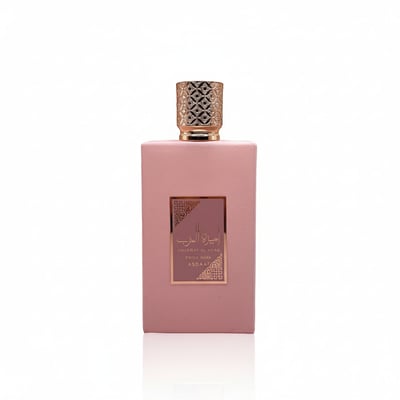 Lattafa Ameerat Al Arab Prive Rose — Pink rectangular bottle with gold patterned cap and rose gold label featuring Arabic