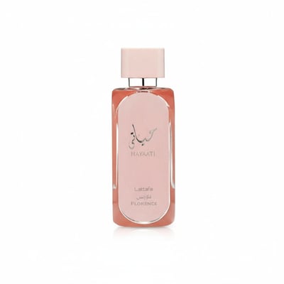 Lattafa Hayaati Florence by Lattafa 100ml EDP Women — A tall, rectangular glass perfume bottle with pink liquid, a light pink square cap, and a label with Arabic script and 'HAYAATI' in silver.