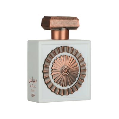 Lattafa Pride Nebras Elixir by Lattafa for Her – White square bottle with ornate copper-colored medallion and cap, Arabic text on the side.