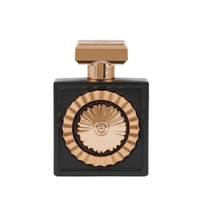 Lattafa Pride Nebras by Lattafa Pride 100ml EDP Women — Black perfume bottle with a gold sunburst emblem and gold cap, isolated on a white background.