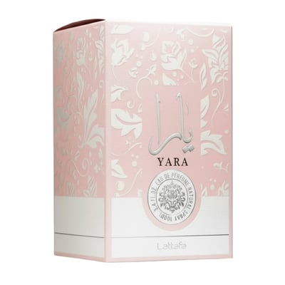 Lattafa Yara by Lattafa 100ml EDP Women — Pink perfume box with white floral pattern and silver accents, featuring the brand name 'Yara' and Lattafa logo.