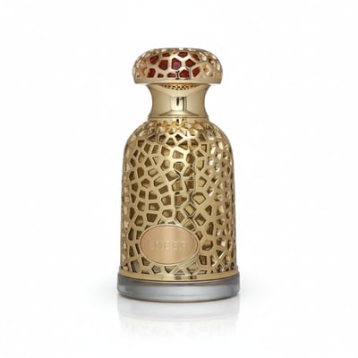 Lattafa Emeer By Lattafa Woody Scent 100ml — Gold ornate bottle with honeycomb pattern and red accents on cap, oval label
