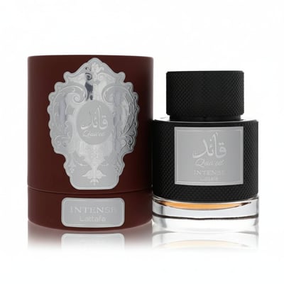 Lattafa Qaaed Intense by Lattafa 100ml EDP — Black textured bottle with silver label and black cap, next to a maroon cylindrical box with a silver ornate label.