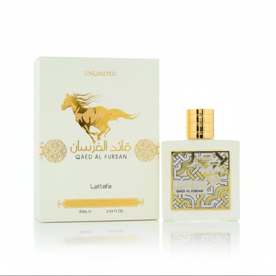 Lattafa Qaed Al Fursan Unlimited by Lattafa 90ml EDP — A white perfume box with a golden horse illustration and Arabic text, next to a white square perfume bottle with a gold cap and intricate golden pattern on the front.