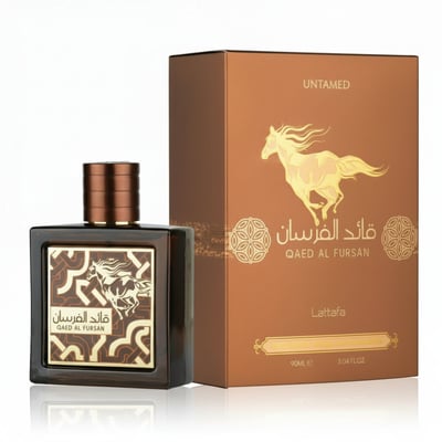 Lattafa Qaed Al Fursan Untamed Lattafa 90ml EDP — A dark brown glass perfume bottle with a wooden cap sits next to its matching brown box, featuring a golden horse illustration and Arabic text.