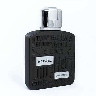 Lattafa Ramz Silver by Lattafa 100ml EDP for Men — Black perfume bottle with embossed text and a silver cap, set against a white background.