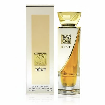 Lattafa Reve Rose VURV By Lattafa 100ml EDP — A white box with a gold rose emblem stands next to a clear glass perfume bottle with gold accents and a golden liquid inside, against a white background.