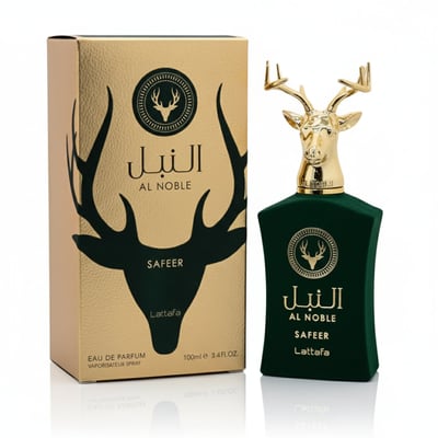 Lattafa Safeer by Lattafa Al Noble 100ml EDP — Green velvet bottle with gold deer head cap, next to its gold and dark green box featuring a deer silhouette.