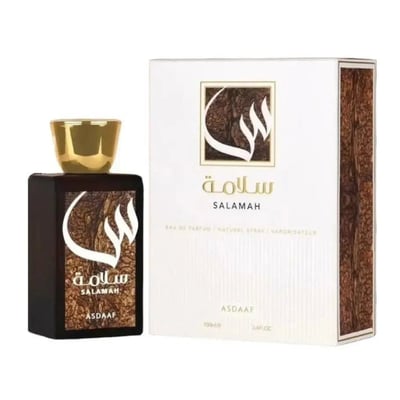Lattafa Salamah by Lattafa 100ml EDP Unisex — Dark brown perfume bottle with gold cap and textured wood-like label, next to a white product box with matching label.