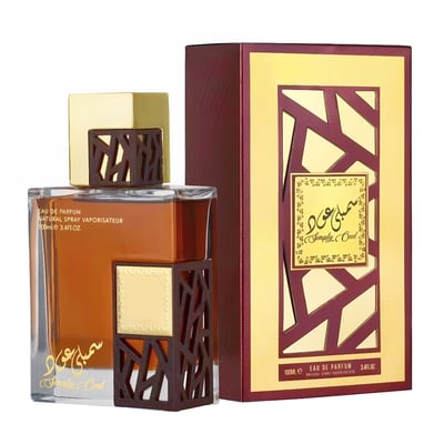 Lattafa Simply Oud by Lattafa 100ml EDP for Men — Amber glass perfume bottle with ornate wooden and gold accents, next to its matching maroon and gold patterned box.