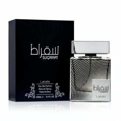 Lattafa Suqraat by Lattafa 100ml EDP Men — Black box with Arabic script and 'SUQRAAT' text, next to a clear glass perfume bottle with a silver patterned design and a silver cap.