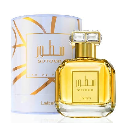 Lattafa Sutoor 100ml EDP for Women — Gold perfume bottle with a crystal-embellished cap and a white cylindrical box with gold geometric patterns, isolated on a white background.