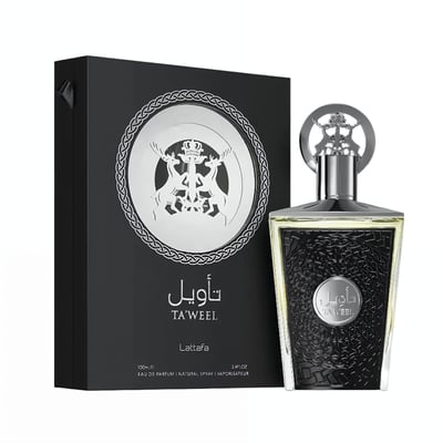 Lattafa Taweel by Lattafa 100ml EDP Unisex — Black box with silver emblem and deer motif, alongside a clear glass perfume bottle with a textured black bottle and ornate silver cap.