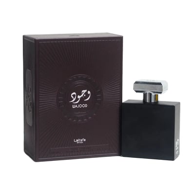 Lattafa Pride Wajood — Black perfume bottle with a silver cap next to its dark brown textured box with Arabic calligraphy and 'Wajood' text.