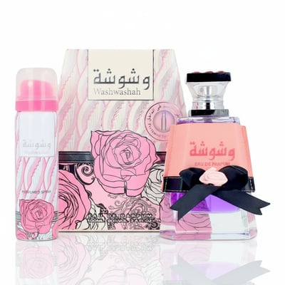 Lattafa Washwasha by Lattafa Perfumes – 100 ml for Women, featuring a perfume bottle, a perfumed spray, and its box, all with pink rose floral designs.