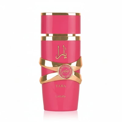 Lattafa Yara Candy by Lattafa 100ml EDP Women — Pink perfume bottle with gold accents and Arabic script, featuring a gold ribbon detail around the middle and the brand name Lattafa at the base.