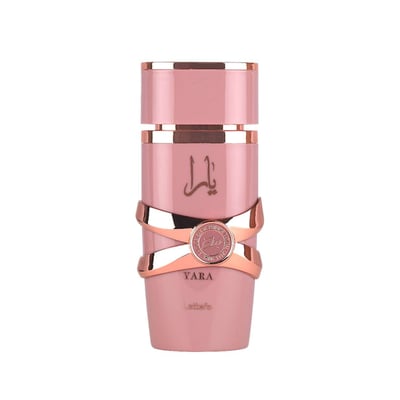 Lattafa Yara Elixir by Lattafa 100ml EDP — Pink perfume bottle with rose gold accents and Arabic calligraphy.