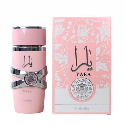 Lattafa Yara by Lattafa 100ml EDP Women — Pink perfume bottle with silver accents and Arabic calligraphy, next to its pink floral patterned box.