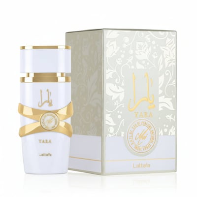 Lattafa Yara Moi by Lattafa 100ml EDP Women — White perfume bottle with gold ribbon detail and matching patterned box, isolated on white background.