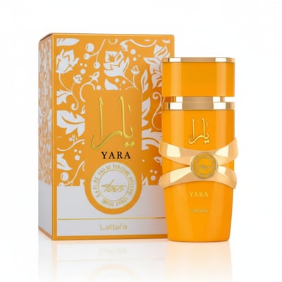 Lattafa Yara Tous by Lattafa 100ml EDP Women — Orange perfume bottle with gold ribbon detail and matching orange floral patterned box, isolated on white background.