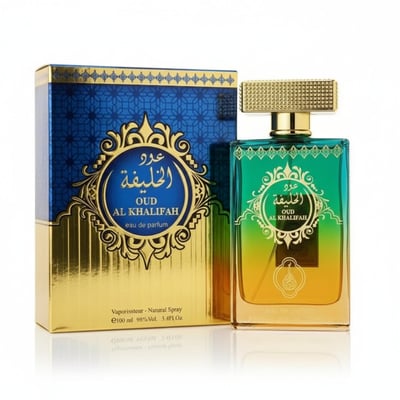 Mahabub Perfume Oud Al Khalifah by Mahabub Perfumes – 100 ml bottle with gold cap and ornate box, gradient green to yellow bottle