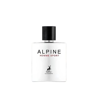 Maison Alhambra Alpine Homme Sport — White rectangular perfume bottle with a black textured cap, featuring red text 'ALPINE HOMME SPORT' and a black deer silhouette logo.